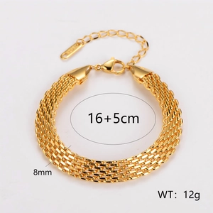 Fashionable golden wide woven chain bracelet in polished stainless steel for women