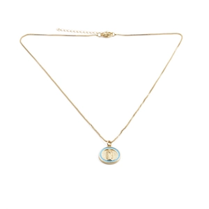 Detail view of gold-plated necklace with blue enamel relief portrait pendant and lobster clasp