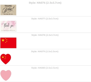 Detail view of floral Thank You stickers and national flag labels in various sizes