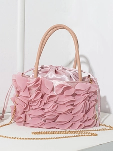 Pink floral ruffle evening bag with drawstring satin interior and gold chain strap