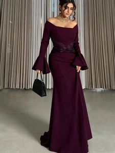 Elegant off-shoulder plum evening dress with flare sleeves and ruched mermaid silhouette