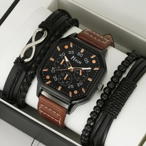 Mens fashion square quartz watch with brown leather strap and beaded bracelet gift set