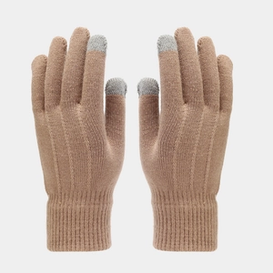 Detail of khaki knitted touchscreen gloves with conductive grey tips on three fingers
