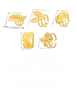 Size chart for gold stainless steel rings featuring flower heart and geometric designs
