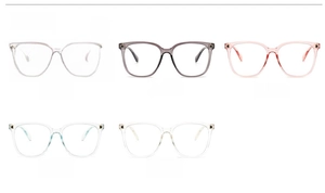 Detail of five-color square blue light glasses with golden D-shaped metal accents
