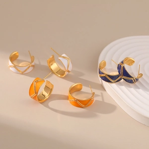 French vintage 18K gold plated C-shaped enamel earrings in white, orange and dark blue colors