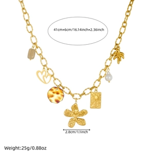 Collier vintage en acier inoxydable doré avec pendentifs cœur léopard et fleurs