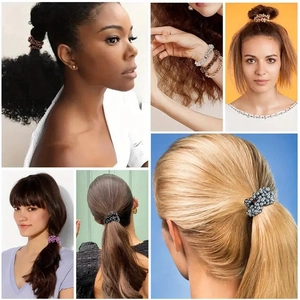 Elegant faux pearl elastic hair ties shown in various colors for stylish ponytails