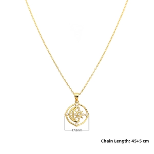 Detailed view of gold star and crescent moon pendant with 17.8mm diameter and 45+5cm chain