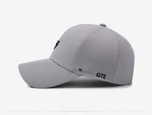 Detailed side view of gray cotton baseball cap with blue DFSONGTE letter embroidery
