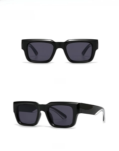 Front and 45-degree side view of vintage square black sunglasses with UV400 protection