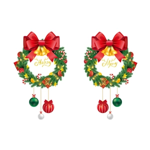 Symmetric Christmas wreaths with bells and Happy New Year ornaments in festive colors