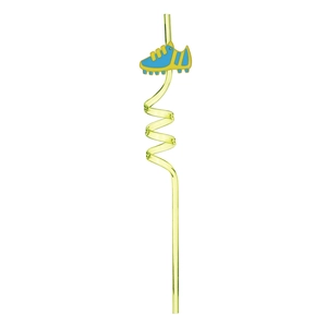 Detail of yellow-green spiral straw with a blue and yellow soccer cleat charm decoration