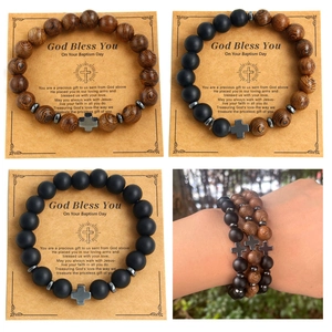 Baptism bead bracelets set with natural stone, wood beads and metal cross charms