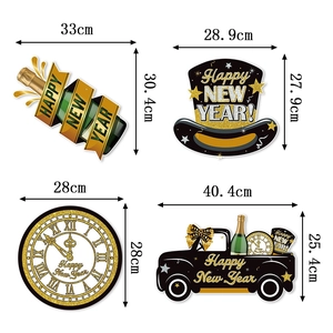 Black and gold Happy New Year party decorations including champagne and clock with dimensions