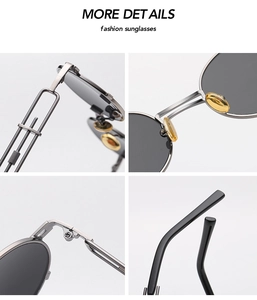 Macro details of steampunk metal sunglasses showing hinges and yellow soft nose pads
