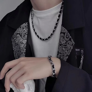 Men's silver woven chain and black leather cord necklace and bracelet set jewelry