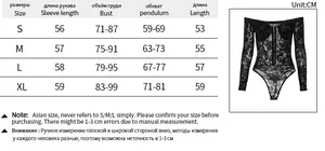 Detailed size chart for lace printed bodysuit with sleeve length and bust measurements