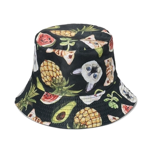 Fashionable black bucket hat featuring cute cat and colorful fruit prints for summer sun protection