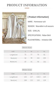 Size guide for women's satin nightgown set with detailed robe and slip dress measurements