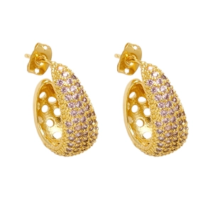 18k gold plated C-shaped hoop earrings featuring micro-pasted pink zircon stones