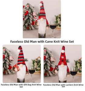 Three Christmas gnome wine bottle covers with knitted hats and holiday accessories