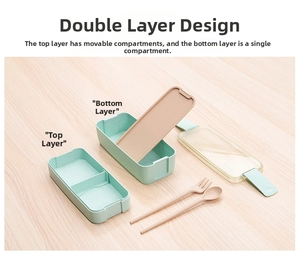 Double-layer bento box in mint green with movable dividers and utensil set macro detail