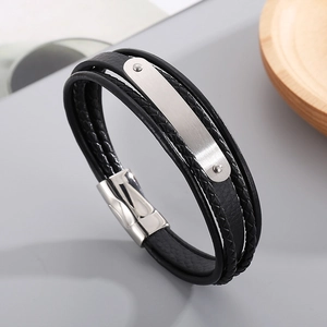 Men's multilayer black braided leather bracelet with engravable silver metal bar and magnetic clasp