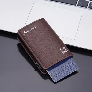 Brown lychee leather RFID blocking card holder with automatic pop-up aluminum case