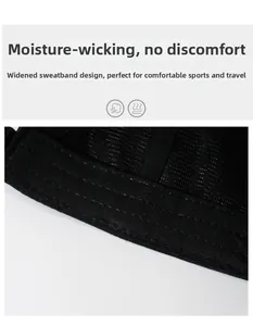 Close-up of the widened sweatband design on a black breathable mesh baseball cap