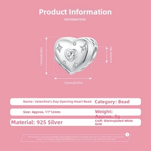 Detailed size chart for 925 sterling silver heart charm with pink cubic zirconia