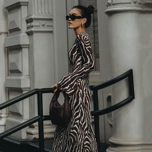 Bohemian zebra print long sleeve maxi dress in brown and white with mesh style
