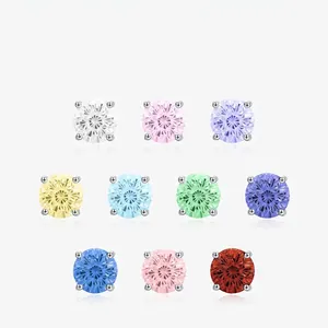 Minimalist Round Cut Colorful Cubic Zirconia Stud Earrings With 925 Sterling Silver Earring Post For Women Dainty Jewelry