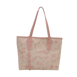 Pink and beige large capacity tote bag with trendy graffiti street art and dual handles