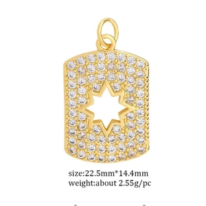 Detail of gold rectangular pendant with zircon star cutout, size 22.5mm by 14.4mm