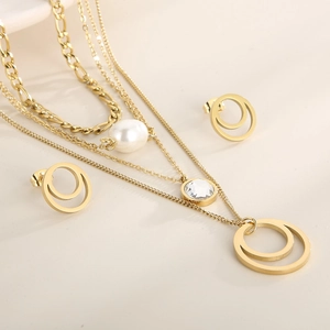 Multi Layered Stainless Steel Necklace And Earring Set With Faux Artificial Pearl And Zircon Geometric Round Pendant For Women Fashion
