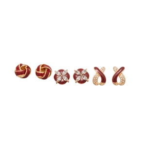 Three pairs of vintage red enamel and gold-plated earrings with crystals and knot designs