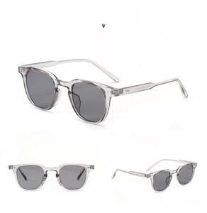 Three-way view of SS0051 round cat-eye sunglasses in transparent grey acetate frame