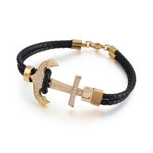 Bracelet Ancre Homme Bracelet En Cuir Tressé Acier Inoxydable Incrusté De Strass Mode Nautique Vintage