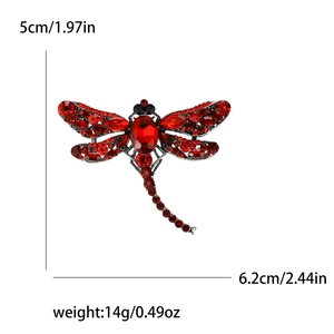 Red crystal dragonfly brooch pin with dimensions 5x6.2cm and weight 14g on white background