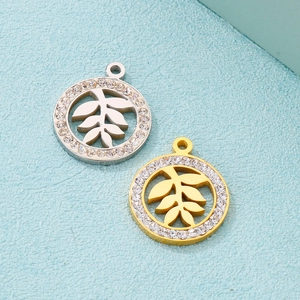 Round Hollow Leaf Pendant Stainless Steel Rhinestone Inlay Charm For DIY Jewelry Making Necklaces Making Shiny Craft