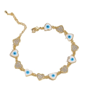 14K gold plated evil eye heart bracelet with blue enamel and sparkling crystal accents