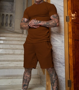Men's brown vertical stripe waffle knit short sleeve t-shirt and matching shorts set