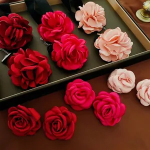 Satin Fabric Rose Flower Jewelry Choker Necklace Bracelet And Earrings With Silver Earring Post For Women Sweet Cool Style