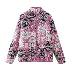 Detailed view of pink paisley quilted jacket with intricate floral patterns and high collar