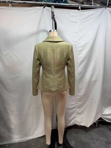Back view of beige tweed blazer for women featuring a cinched waist and pleated hem