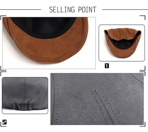 Detailed view of suede beret hat showing durable stitching and internal sweatband feature