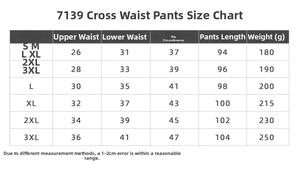 Größentabelle für Cross-Waist Yogahosen mit Maßen von S bis 3XL für die ideale Passform