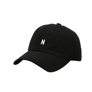 Classic black cotton baseball cap with white embroidered N letter in six-panel design