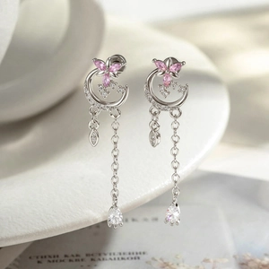 Star Moon Zircon Tassel Cartilage Piercing Stud Earring With Titanium Steel Post And Copper Asymmetric Elegant For Women